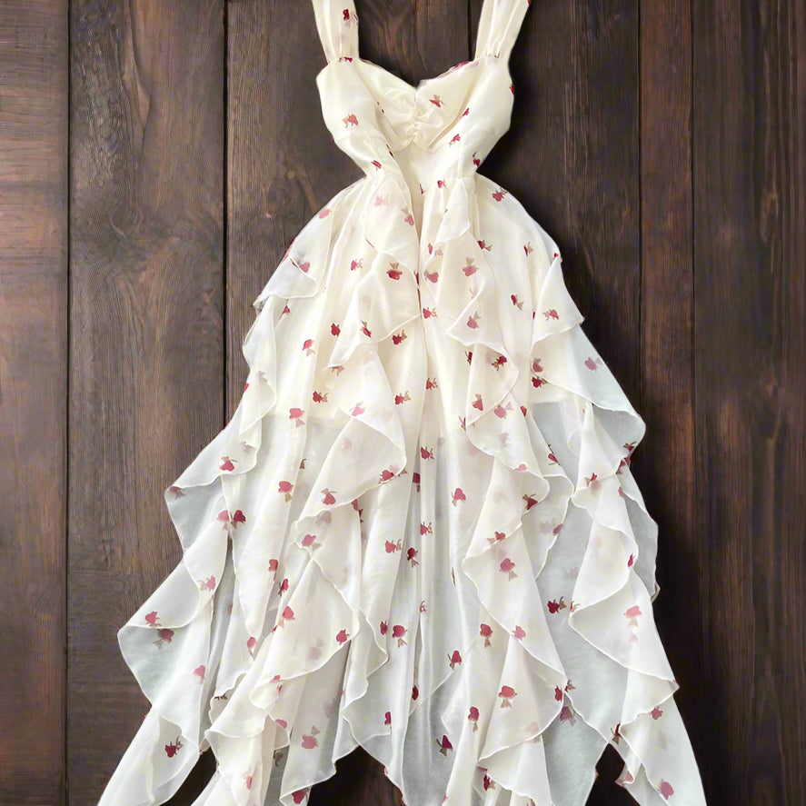 Loralai Chiffon Spaghetti Strap Asymmetrical Layers Floral Print Dress in Floral | Twilight Kisses