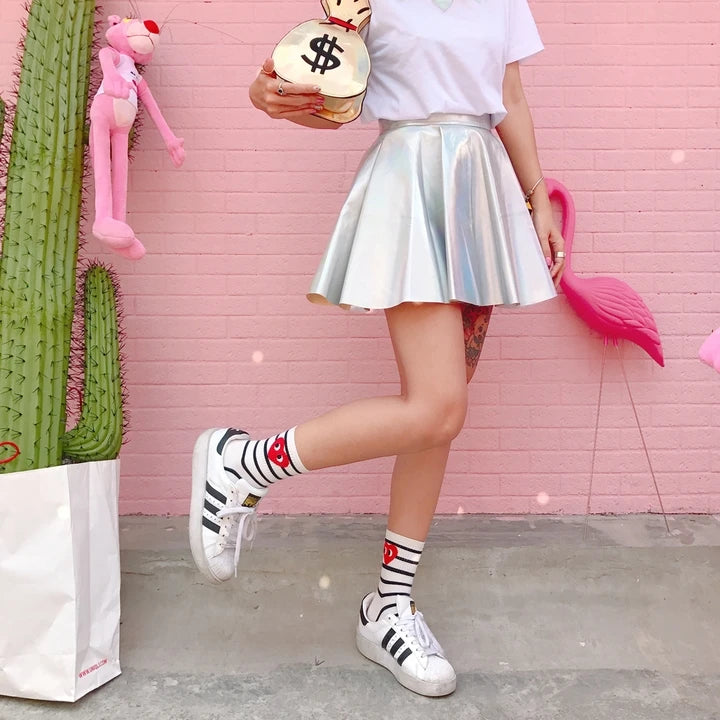 Rainbow Holographic Pleated Mini Skirt