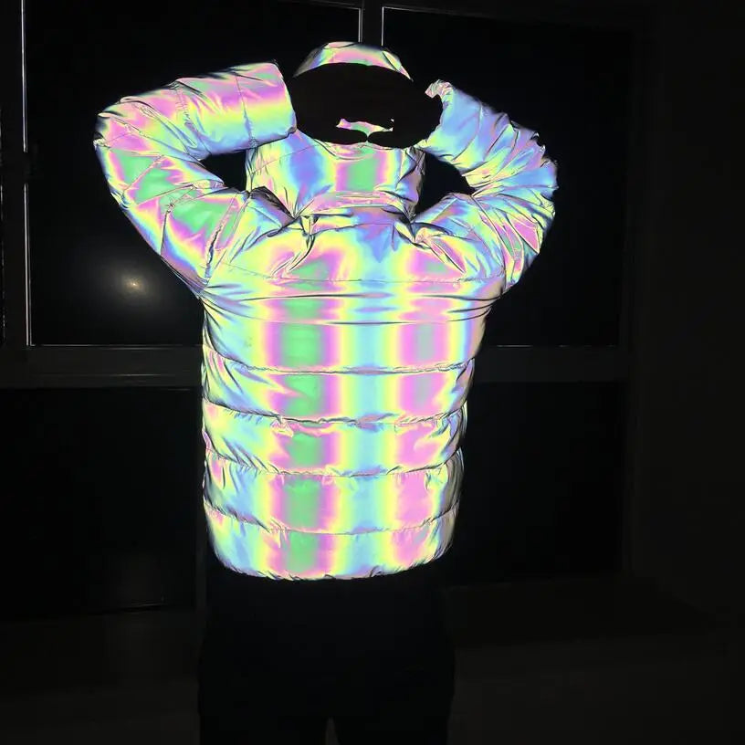 Holographic Reflective Noctilucent Hooded Puffer Jacket in Pure | Twilight Kisses