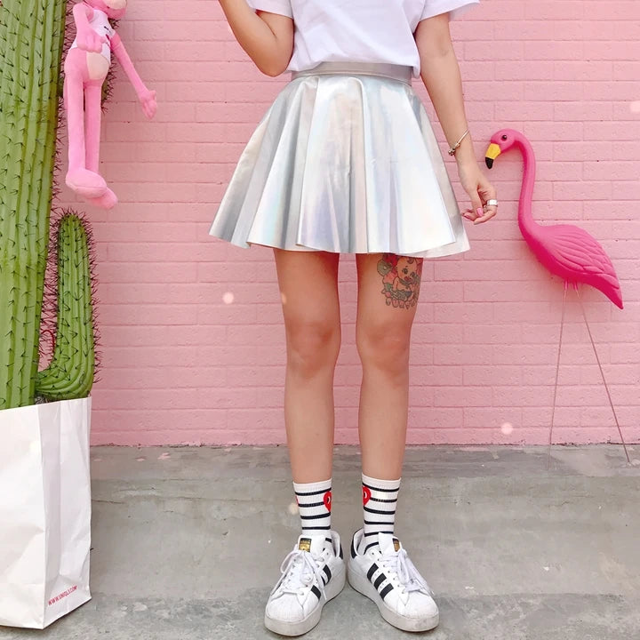 Rainbow Holographic Pleated Mini Skirt