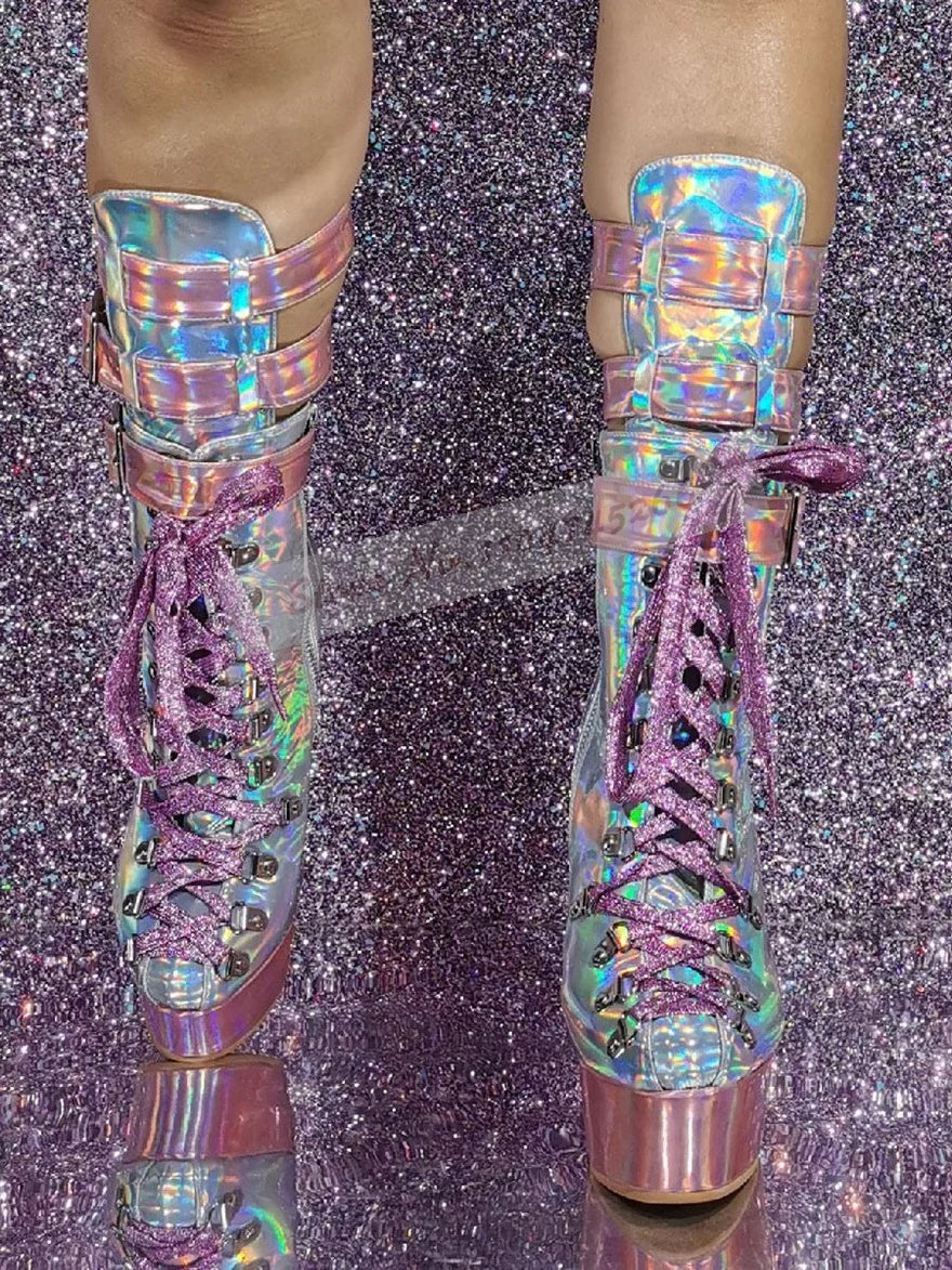 Holographic Iridescent Pink Patent Leather Wedge Ankle Boots