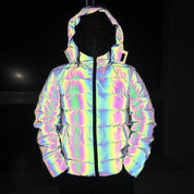 Holographic Reflective Noctilucent Hooded Puffer Jacket in Pure | Twilight Kisses