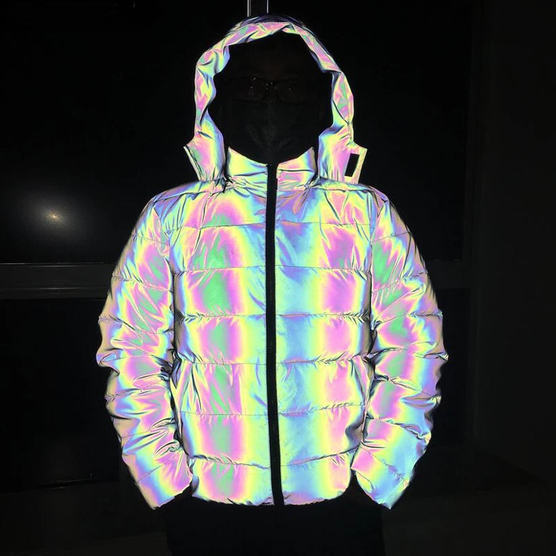 Holographic Reflective Noctilucent Hooded Puffer Jacket in Pure | Twilight Kisses