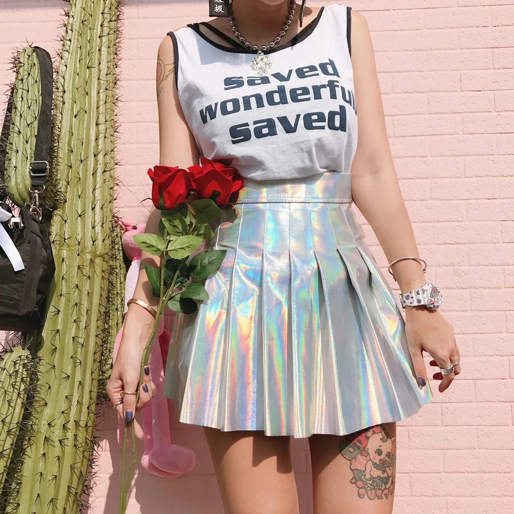 Rainbow Holographic Pleated Mini Skirt