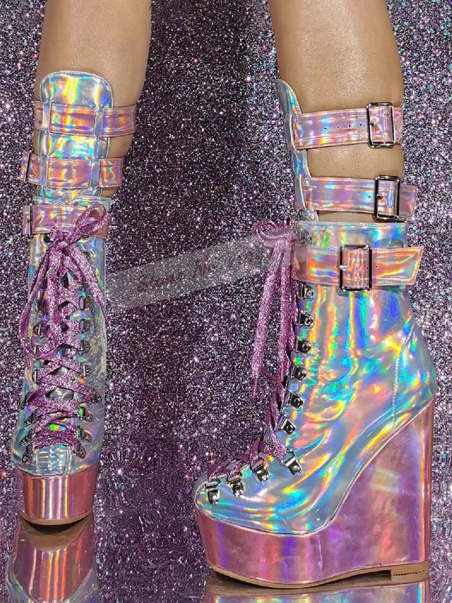 Holographic Iridescent Pink Patent Leather Wedge Ankle Boots