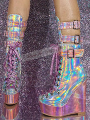 Holographic Iridescent Pink Patent Leather Wedge Ankle Boots