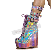 Holographic Iridescent Pink Patent Leather Wedge Ankle Boots