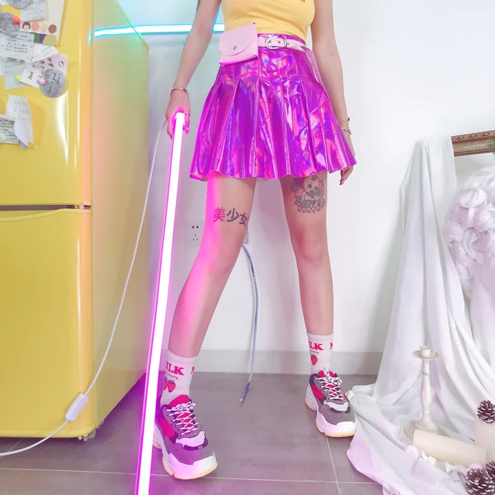 Rainbow Holographic Pleated Mini Skirt