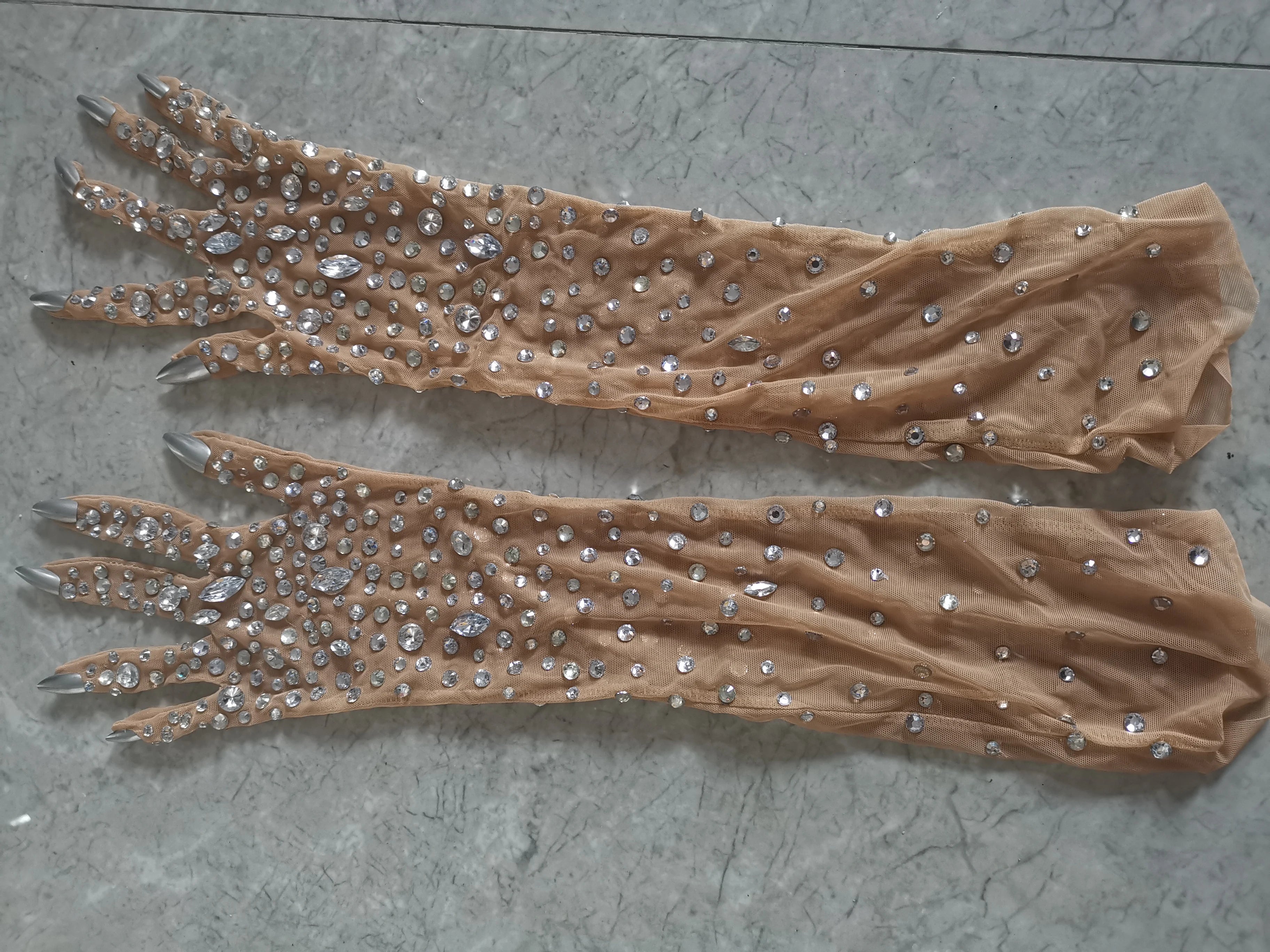 Luxurious Stretch Rhinestone Sparkling Crystal Mesh Long Stage Wear Gloves