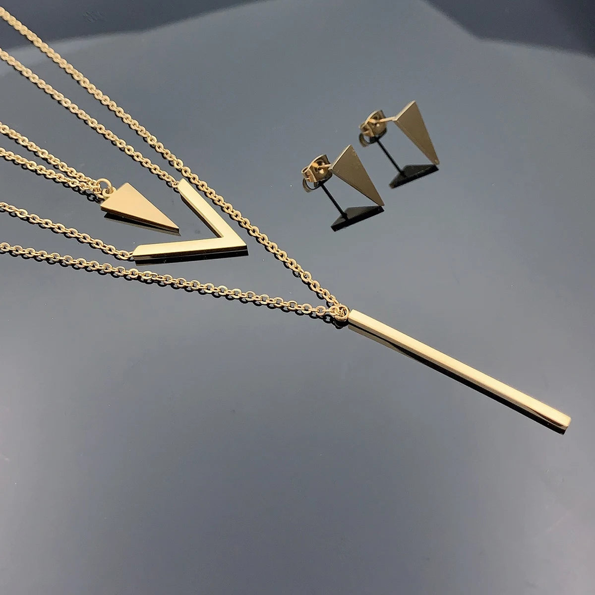 Bohemia 2 Piece Gold-Plated Stainless Steel V-shaped Geometric Pendant Triangle Earrings