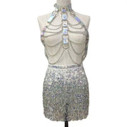 Femme Fatale Holographic Chain Harness Top + Sequins Skirt Outfits