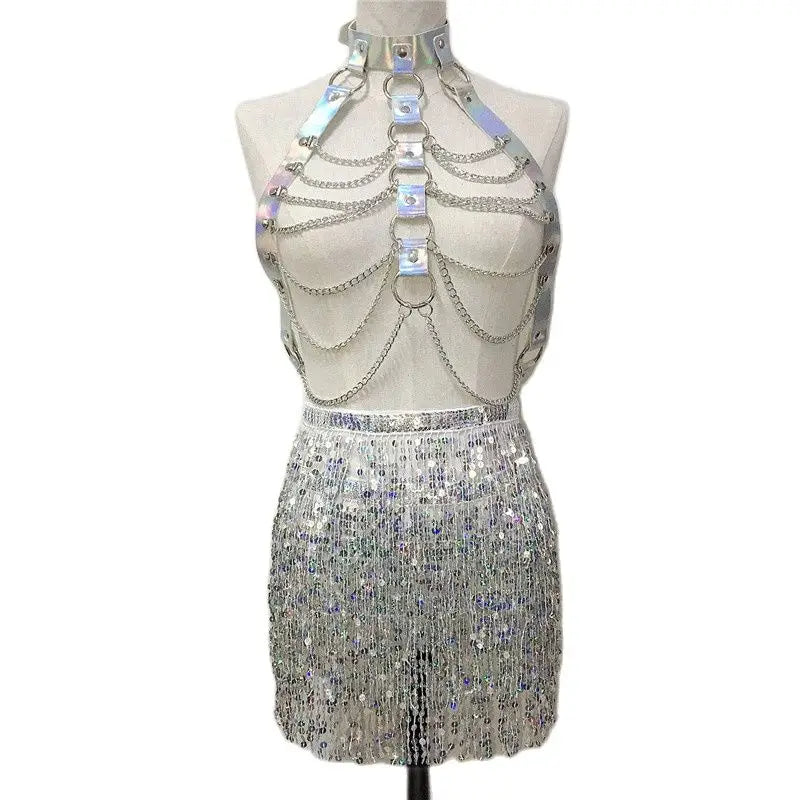 Femme Fatale Holographic Chain Harness Top + Sequins Skirt Outfits