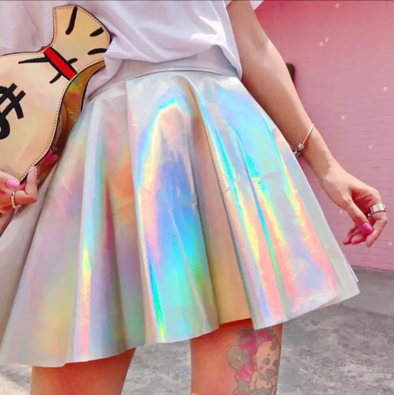 Rainbow Holographic Pleated Mini Skirt