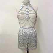Femme Fatale Holographic Chain Harness Top + Sequins Skirt Outfits