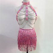 Femme Fatale Holographic Chain Harness Top + Sequins Skirt Outfits