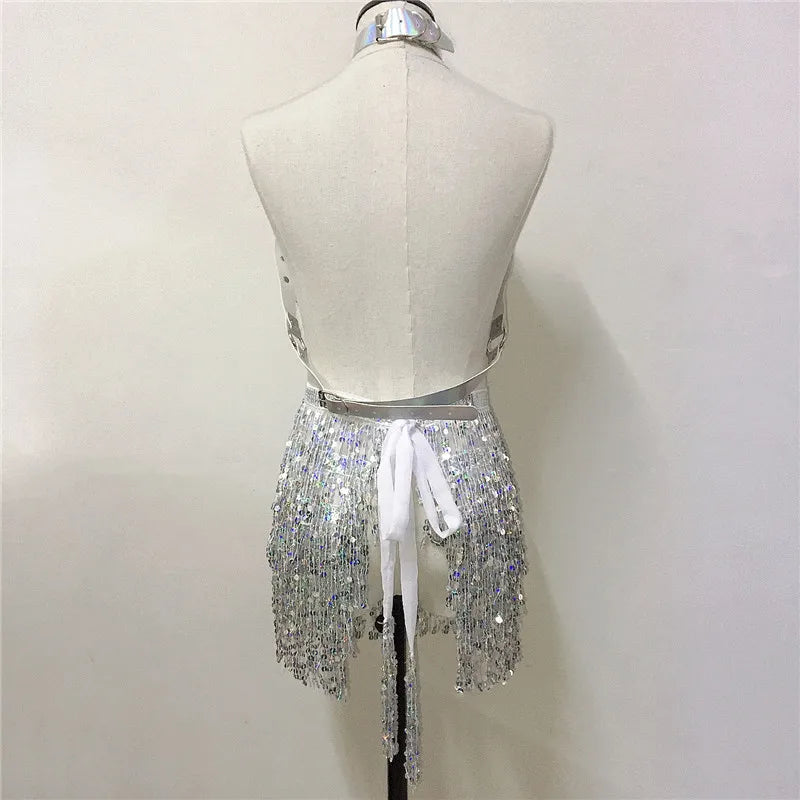 Femme Fatale Holographic Chain Harness Top + Sequins Skirt Outfits