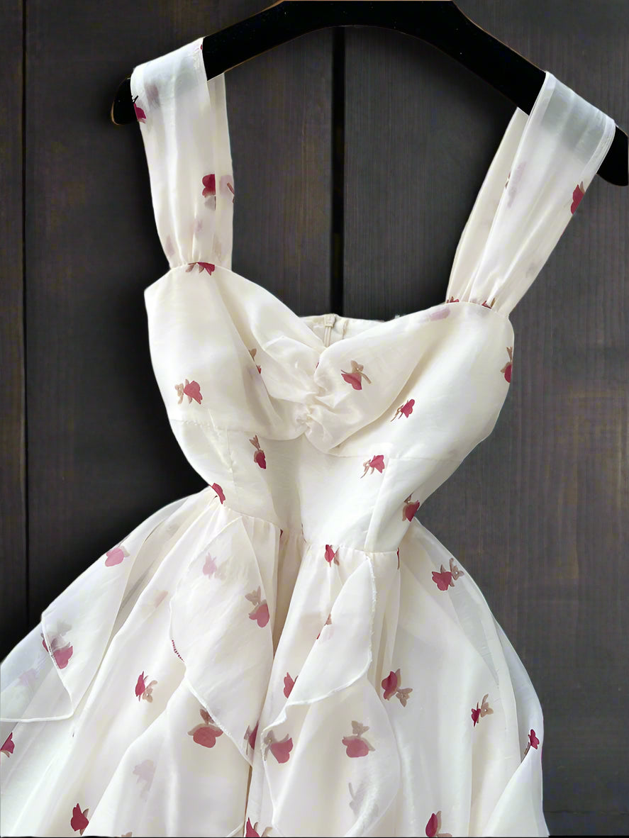 Loralai Chiffon Spaghetti Strap Asymmetrical Layers Floral Print Dress