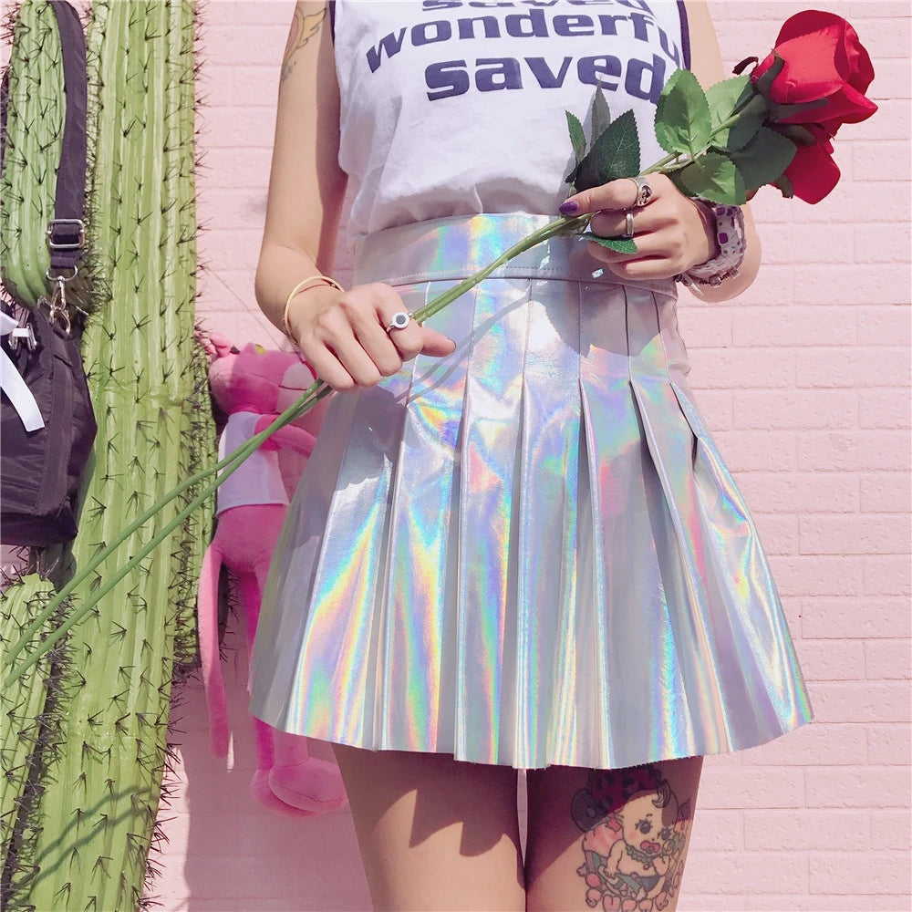 Rainbow Holographic Pleated Mini Skirt