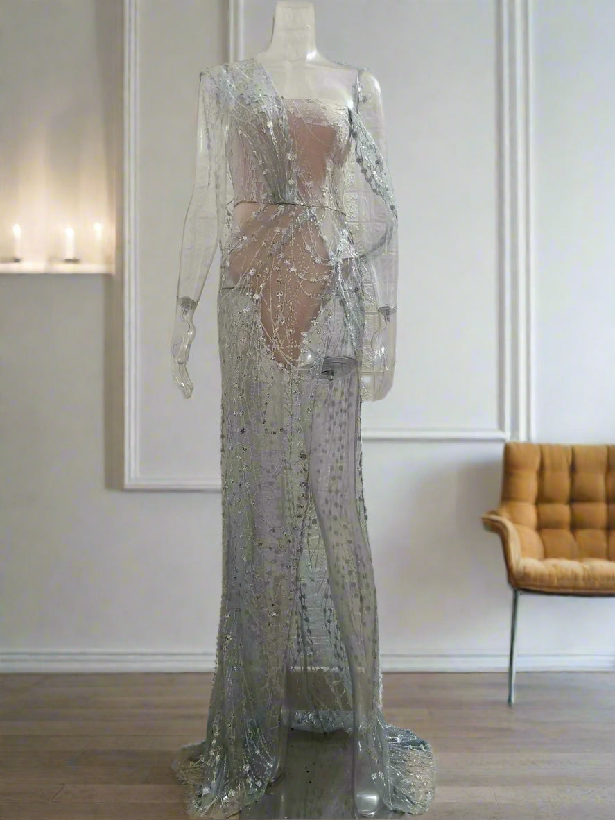 Starlit Goddess Sequined High Split Gown