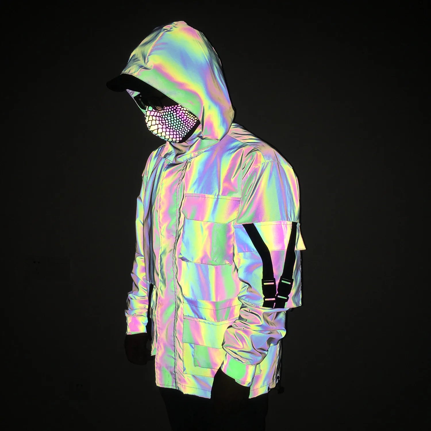 Utilitarian Holographic Reflective Hooded Jacket