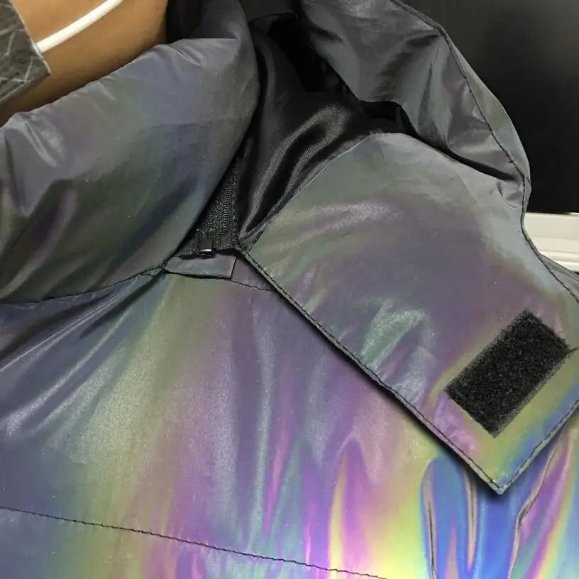Holographic Reflective Noctilucent Hooded Puffer Jacket in Pure | Twilight Kisses