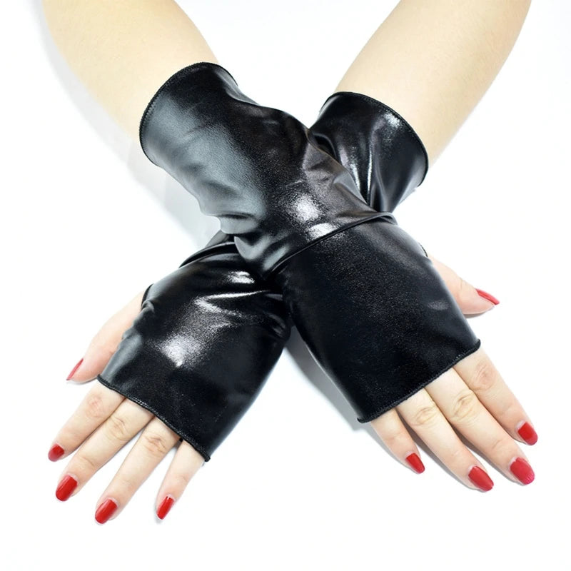 Metallic Faux Leather Fingerless Gloves