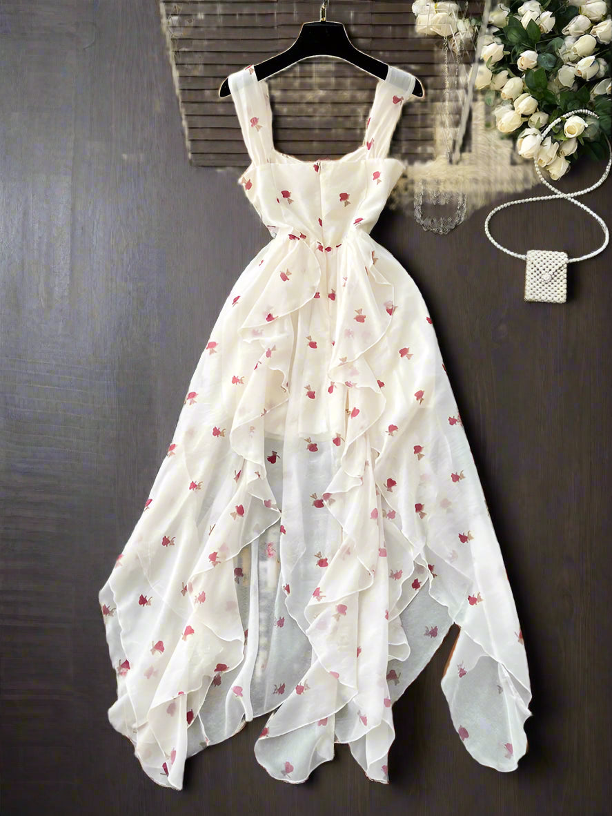Loralai Chiffon Spaghetti Strap Asymmetrical Layers Floral Print Dress