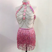 Femme Fatale Holographic Chain Harness Top + Sequins Skirt Outfits