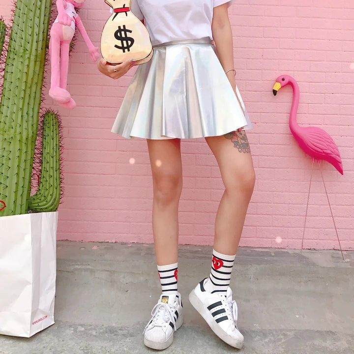 Rainbow Holographic Pleated Mini Skirt