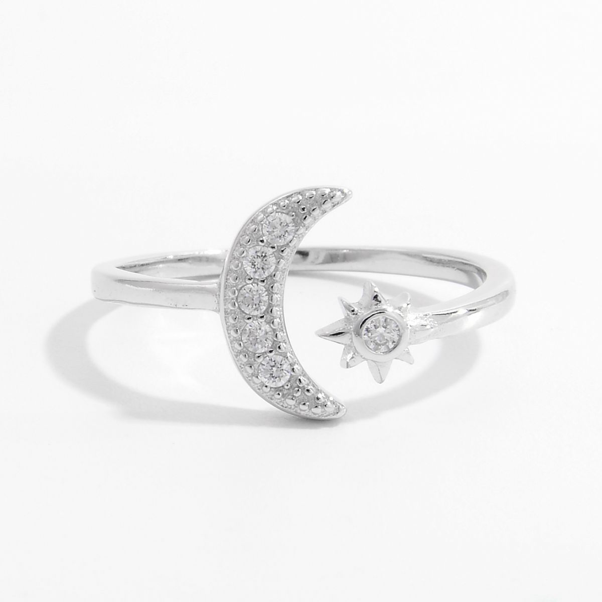 925 Sterling Silver Zircon Open Moon Star Ring