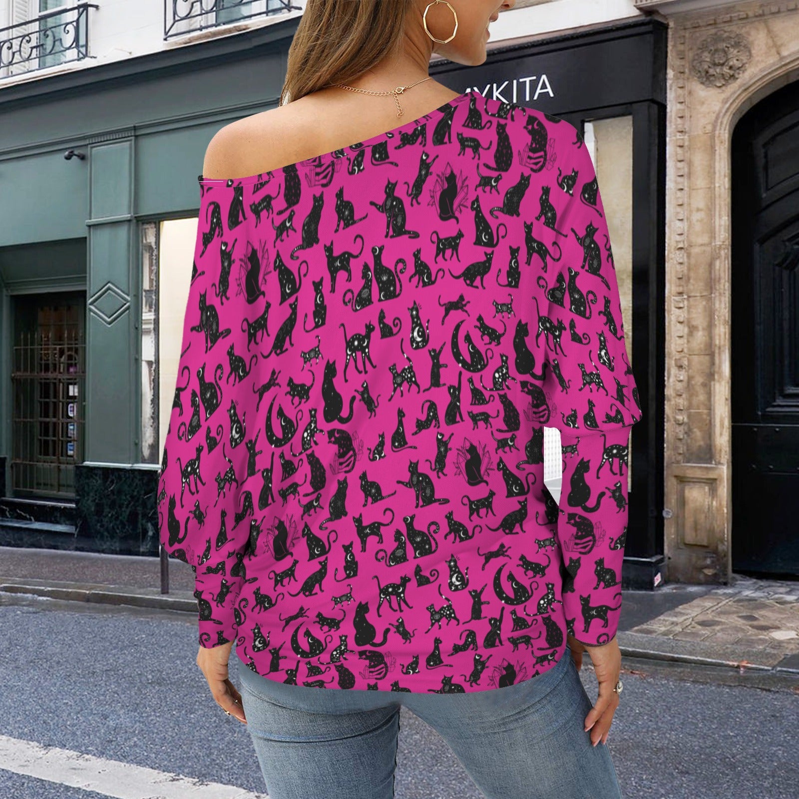 Mystical Cats TK Exclusive Off Shoulder Pullover Batwing Sweater
