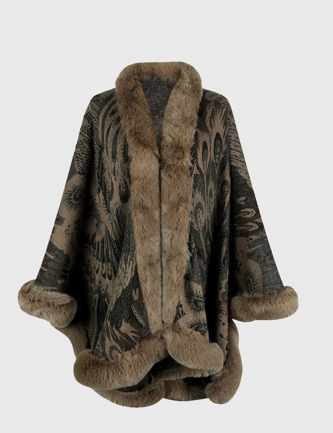 Feathers Printed Open Front Poncho