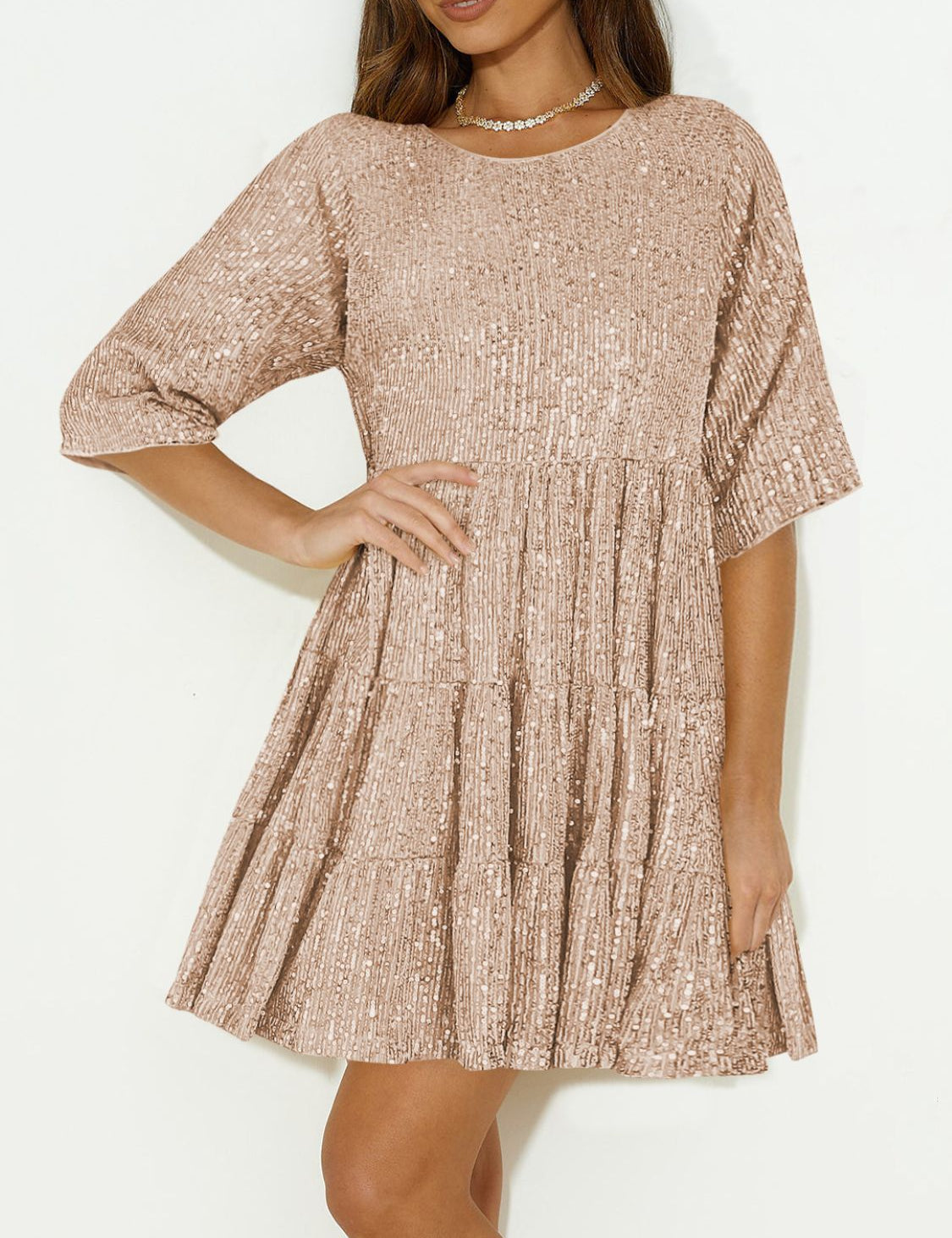 Sequin Round Neck Half Sleeve Mini Dress