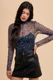 May Flowers Lettuce Hem Sheer Mesh Top