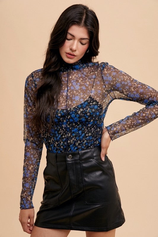 May Flowers Lettuce Hem Sheer Mesh Top