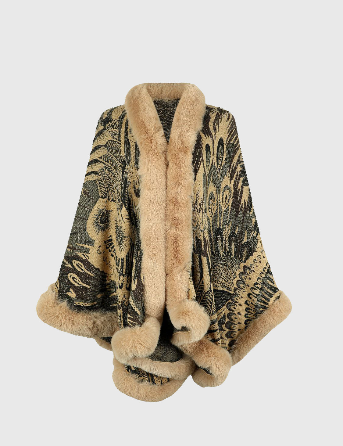 Feathers Printed Open Front Poncho