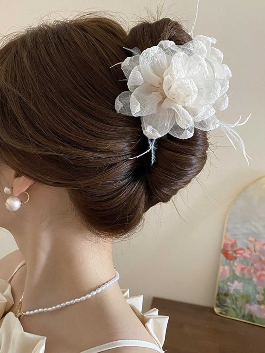 Feather Trim Floral Claw Clip