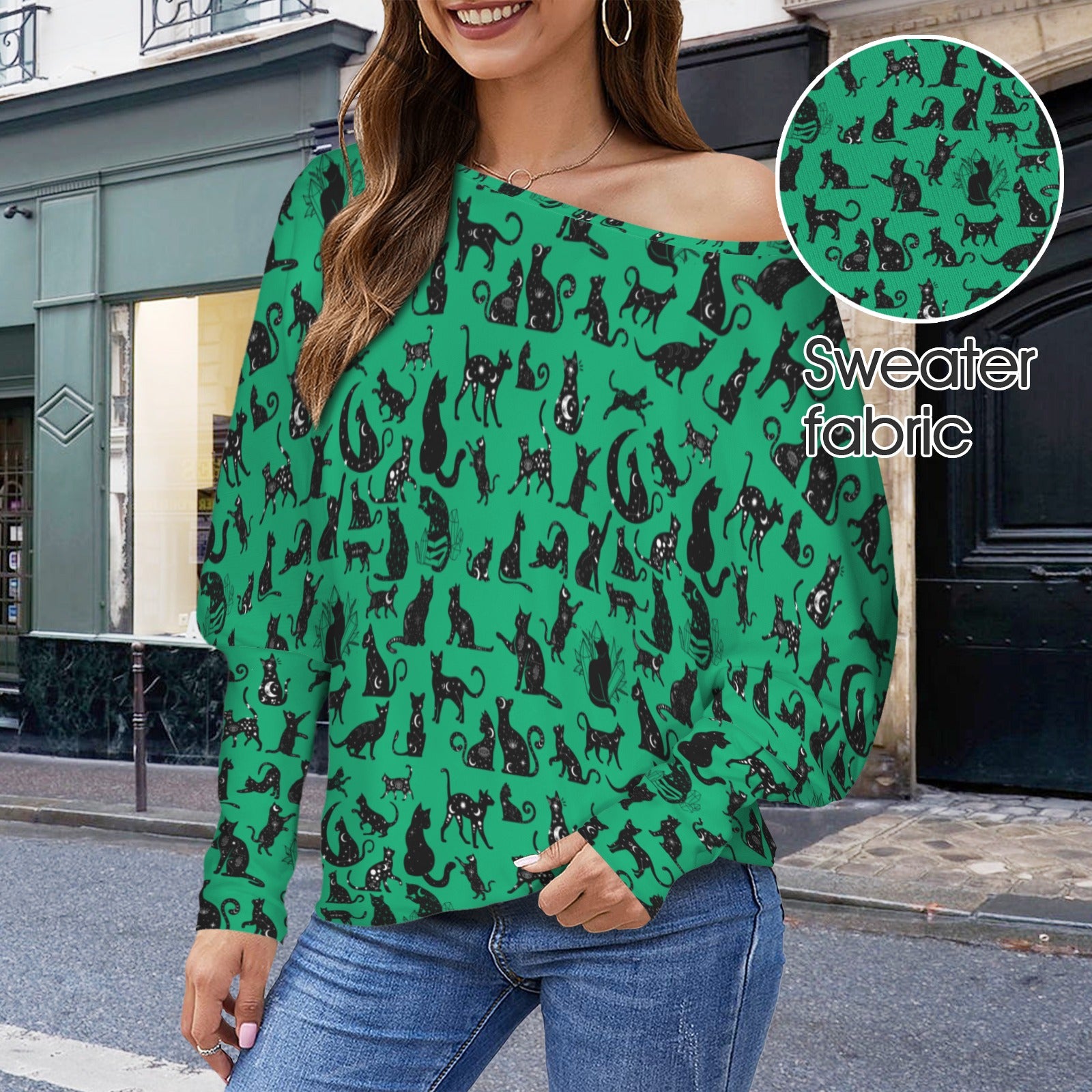Mystical Cats TK Exclusive Off Shoulder Pullover Batwing Sweater