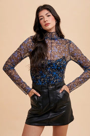 May Flowers Lettuce Hem Sheer Mesh Top