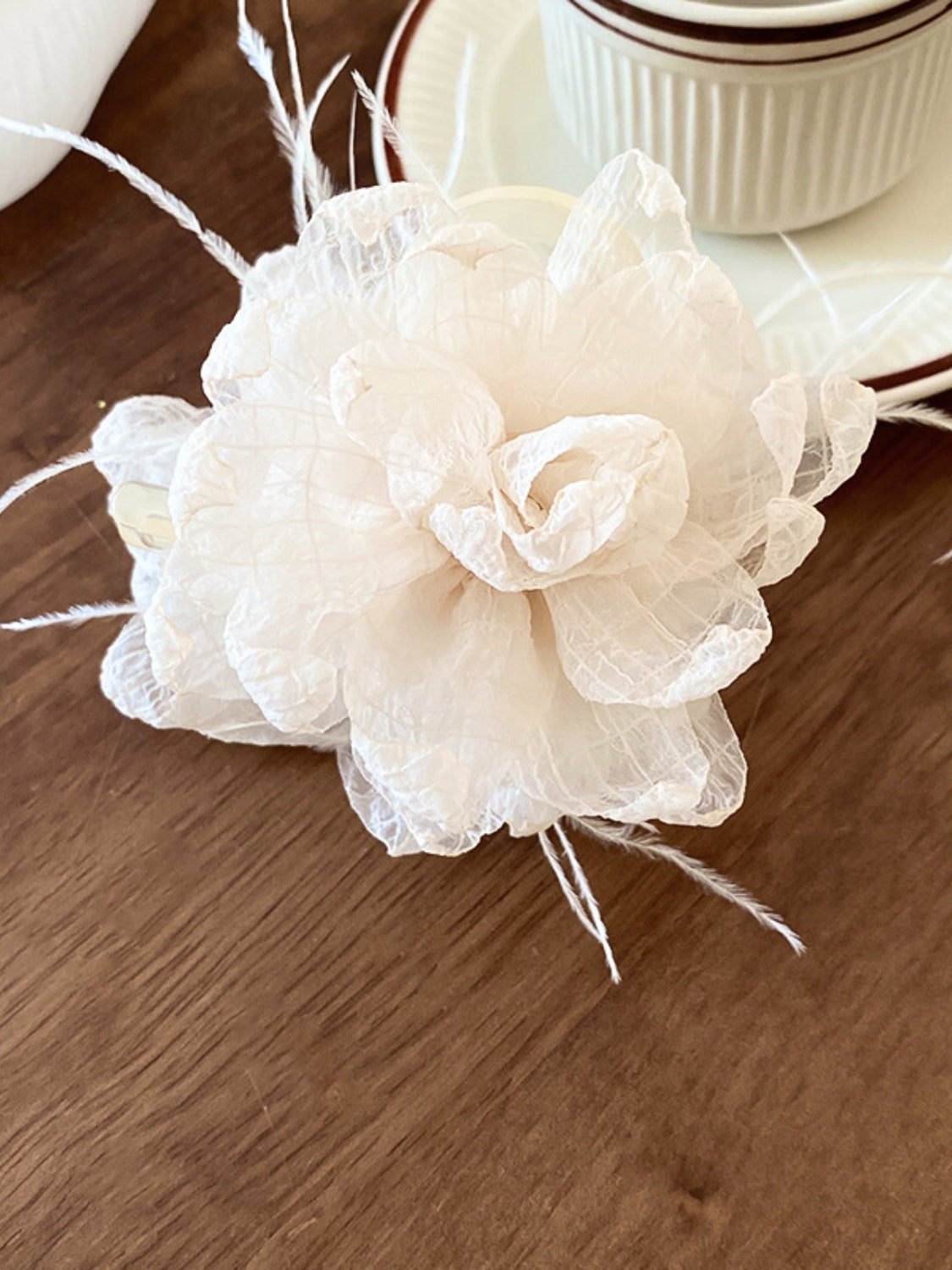 Feather Trim Floral Claw Clip