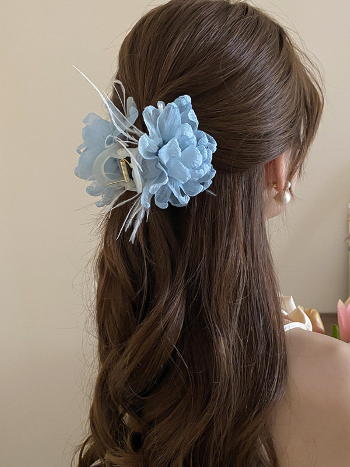 Feather Trim Floral Claw Clip