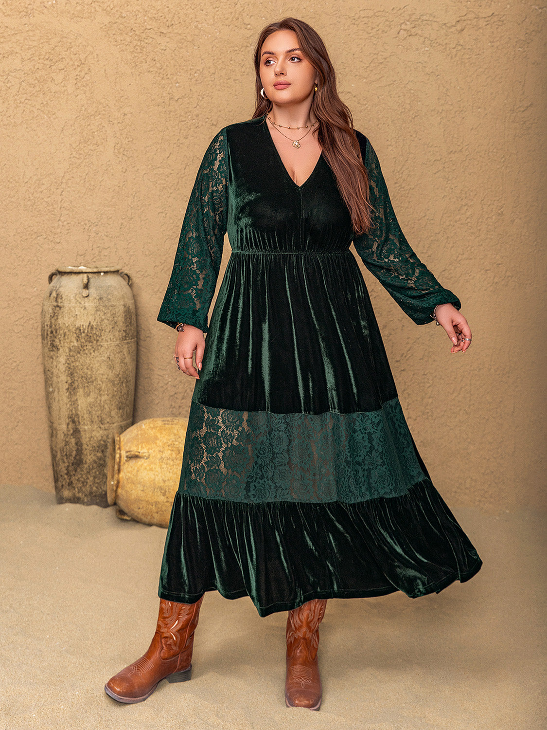 Peek-A-Boo Velvet and Lace Midi Dress