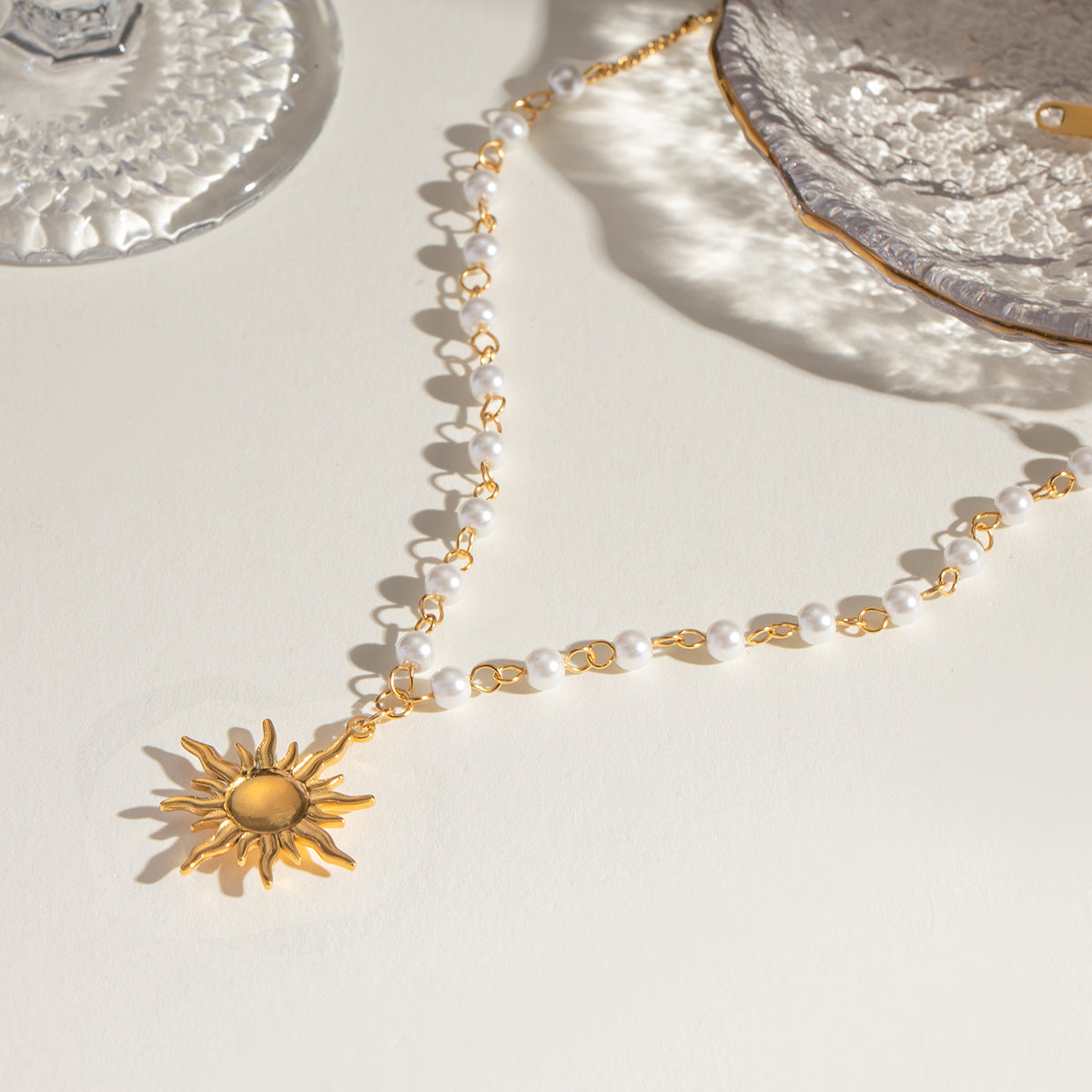 Glass Pearls 18K Gold-Plated Sun Necklace