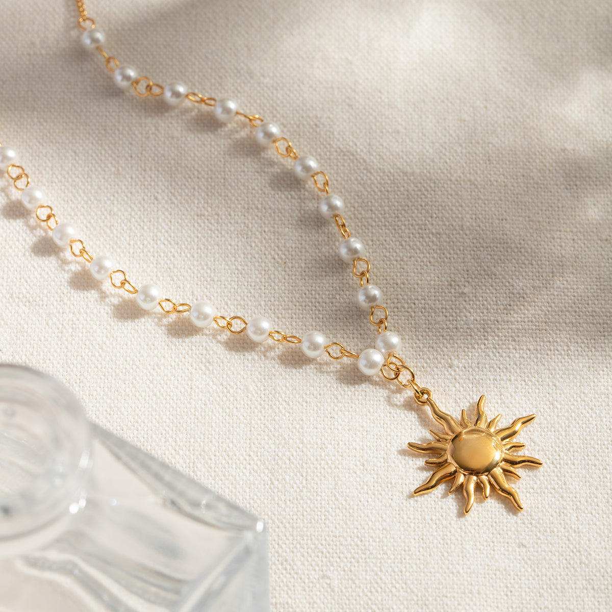 Glass Pearls 18K Gold-Plated Sun Necklace