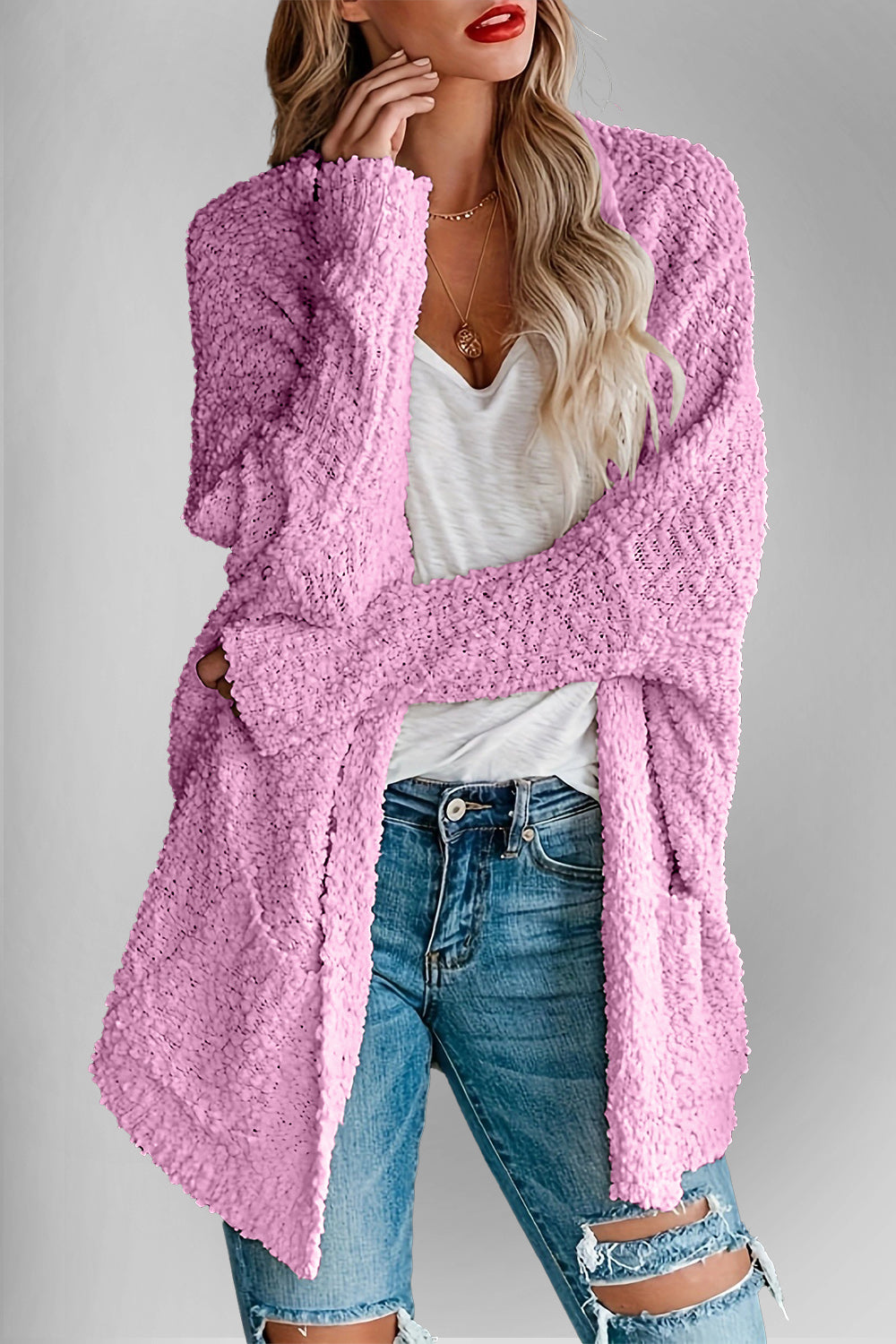 Book Nook Bouclé Open-Front Cardigan