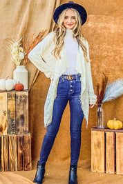 Sheer Perspective Fringe Hem Cardigan